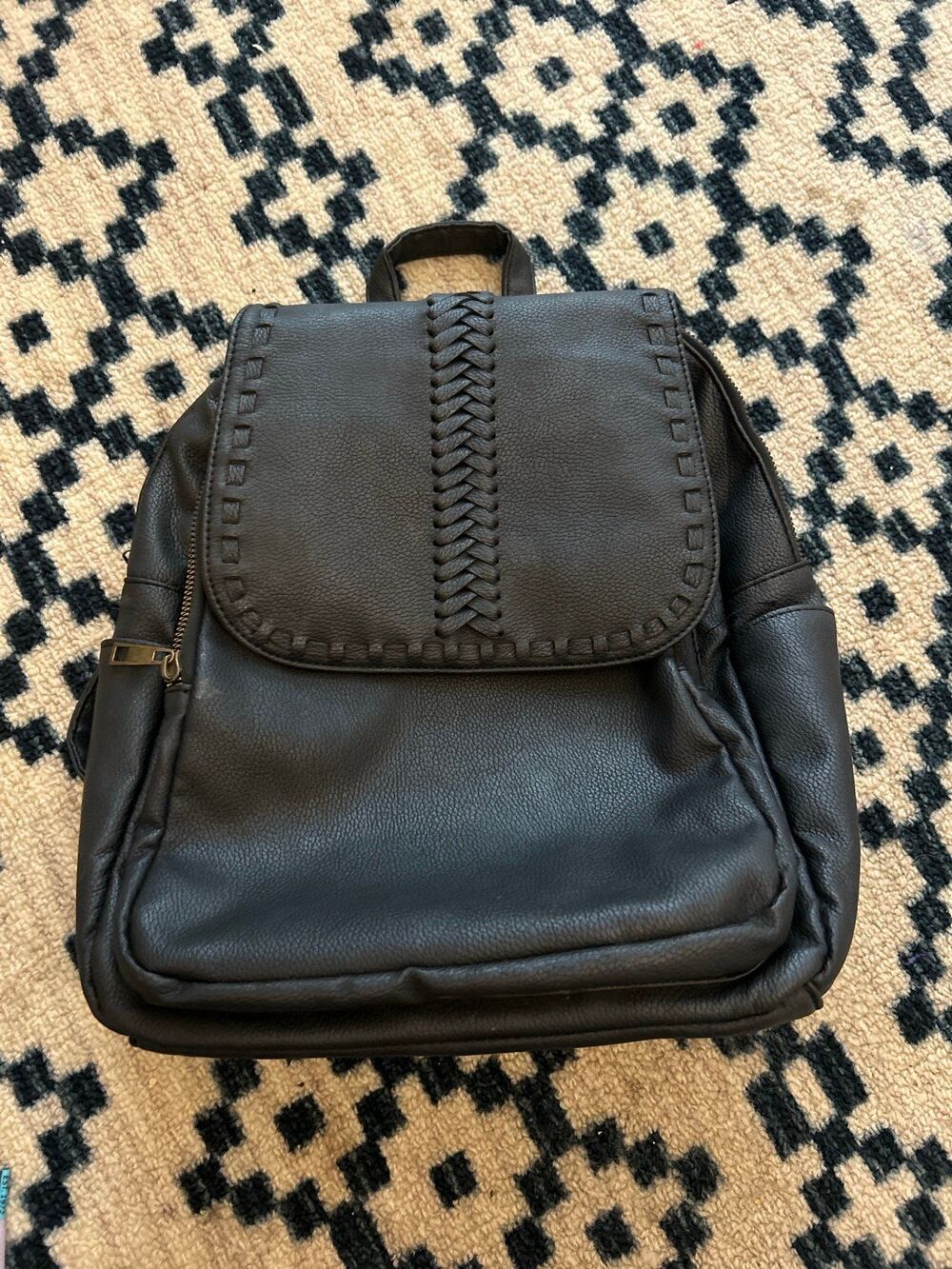 Style & Co. Black Whipstitch Faux Leather Mini Backpack Purse Bag Boho